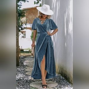 Beautiful Silver-Blue Velvet Wrap Dress